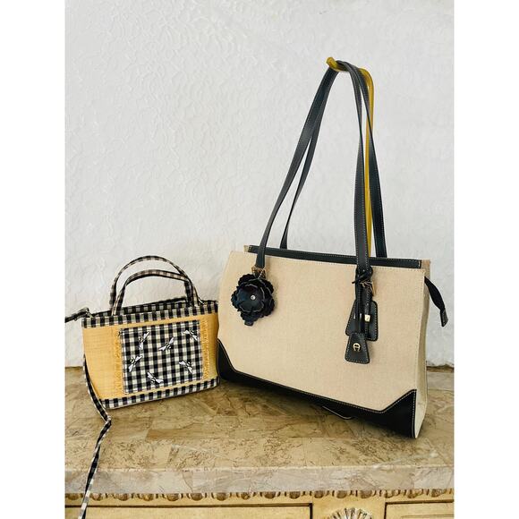Bundle 2 natural straw/canvas Etienne Aigner summer shoulder bag handbags tote - Picture 1 of 8
